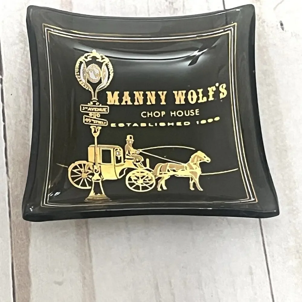 Vintage Mini Square-Manny Wolf's Chop House Smoked Glass Ashtray 2 1/2